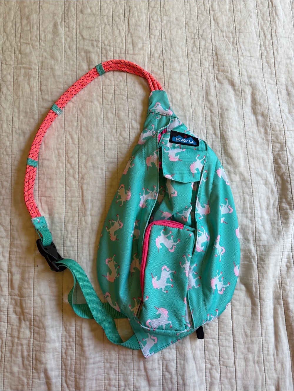 KAVU Teal Unicorn Mini Rope Sling Bag - Teal/Pink